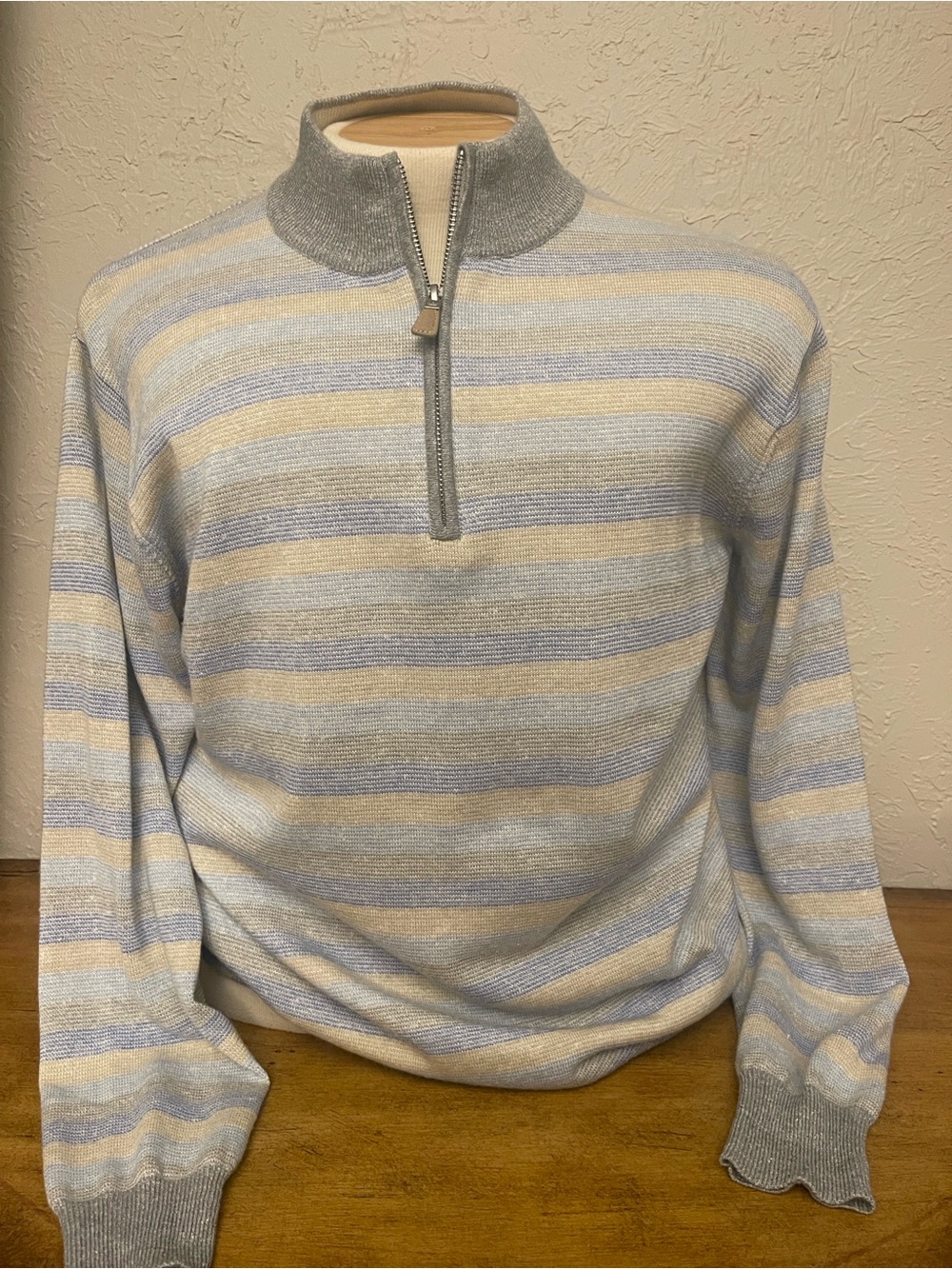 Peter Millar Cream and Light Blue Striped Zip-Up Sweater